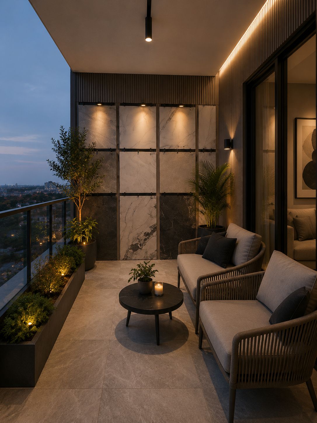 Premium balcony tiling project with marble feature wall by CTY Home