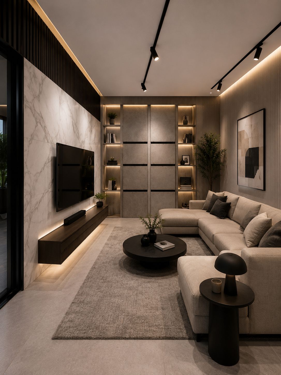 Modern living room with marble feature wall tiles by CTY Home